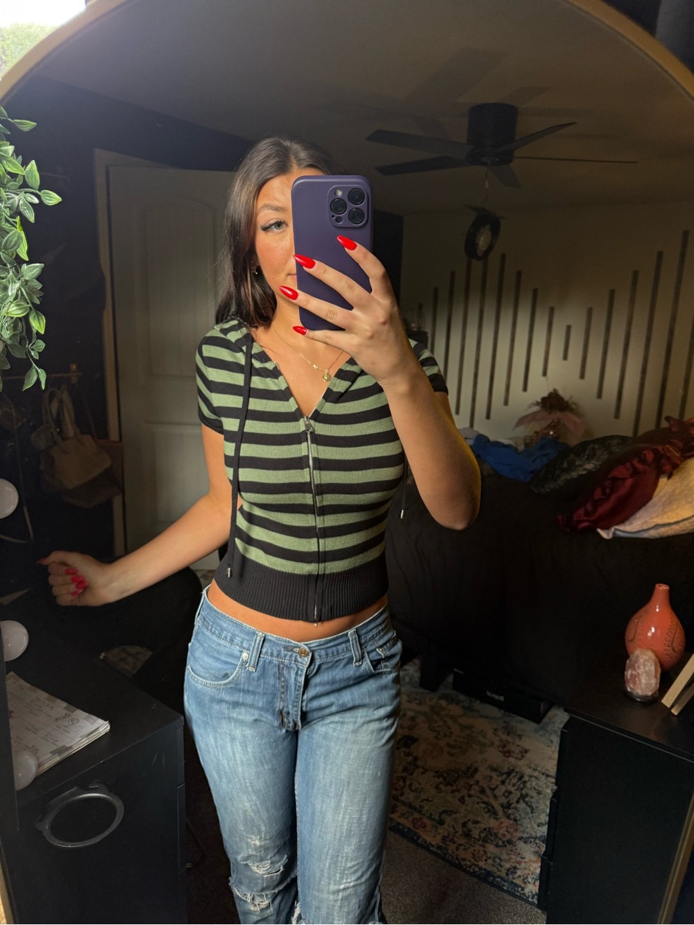 Striped Olive & Black Zip-Front Cropped Top